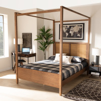 Baxton Studio MG-0021-3-Walnut-King Baxton Studio Malia Modern and Contemporary Walnut Brown Finished Wood and Synthetic Rattan King Size Canopy Bed